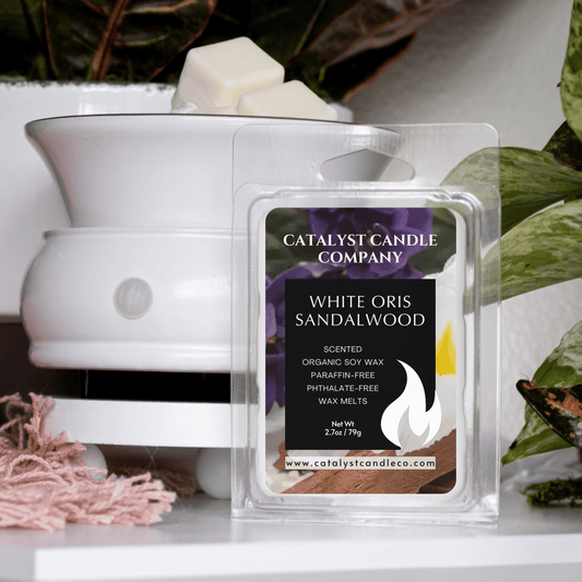 White Oris Sandalwood scented soy wax melts. Catalyst Candle Company, LLC