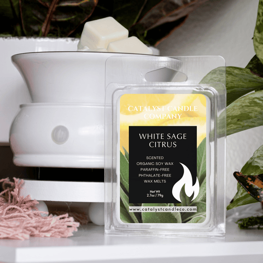 White Sage Citrus scented soy wax melts. Catalyst Candle Company. LLC